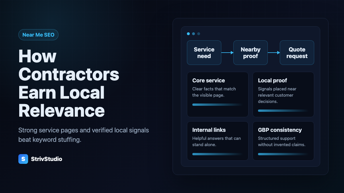 StrivStudio local SEO diagram showing contractor service needs, nearby proof, quote requests, service pages, local proof, internal links, and Google profile consistency.